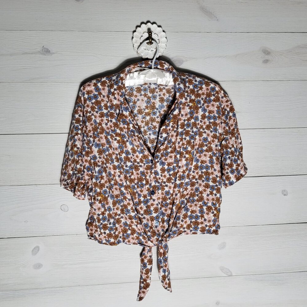 Women's Button Up Shirt Retro Floral Collared Tie Waist BOHO Coastal Cowgirl Top
